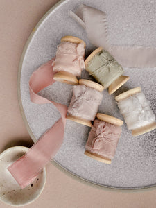1 inch wide handmade silk ribbons with frayed edges in nude, dove grey, dusty blush, sage, and white