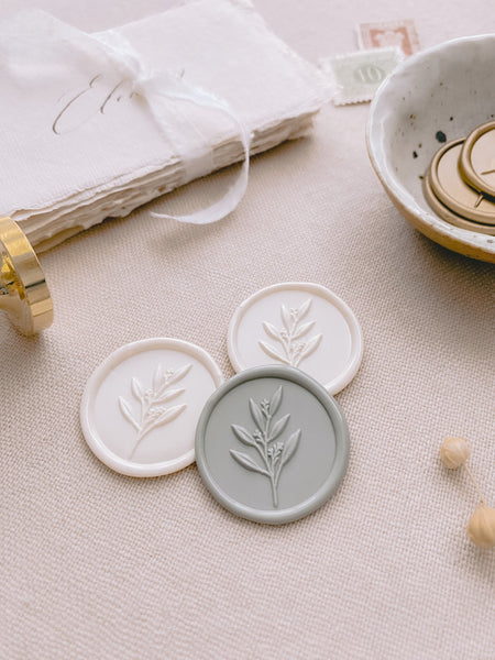 3D leaf branch wax seal stickers in off white and light gray