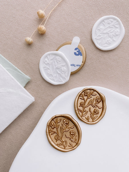 3D floral oval wax seals stickers in gold and white