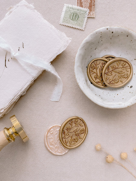 3D floral oval wax seals in gold and nude pearl