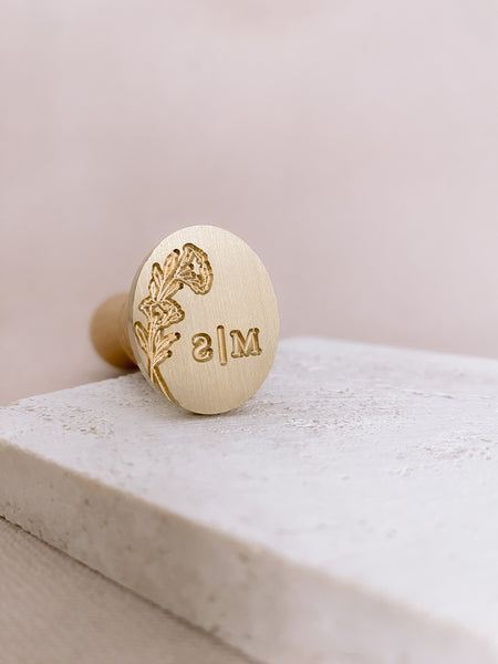Oval floral monogram wax seal brass stamp head