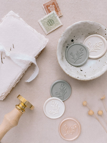 Botanical floral round wax seals in antique white, sage, and nude pearl