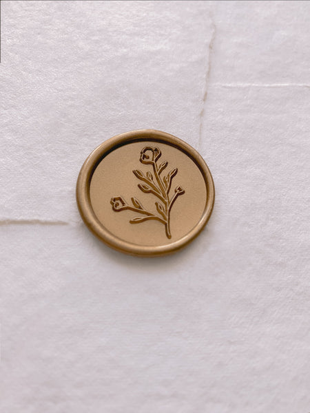Botanical floral round wax seal in gold_side angle