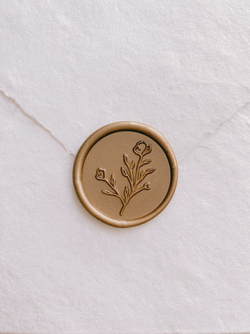 Botanical floral round wax seal in gold_front angle