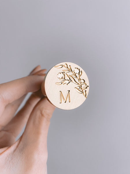 Floral silhouette single initial wax seal brass head stamp