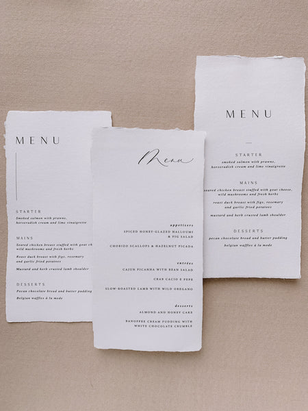 Handmade paper menus with natural deckled edges in 3 out of 9 design options_front angle