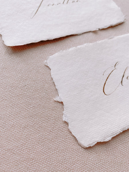 handmade paper place card with natural deckled edges_close up