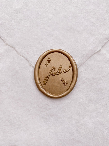 J'adore oval wax seal in gold on white handmade paper envelope