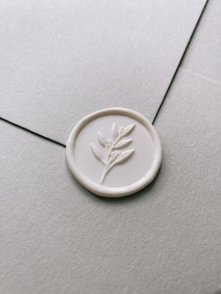 3D leaf branch wax seal in white on sage envelope