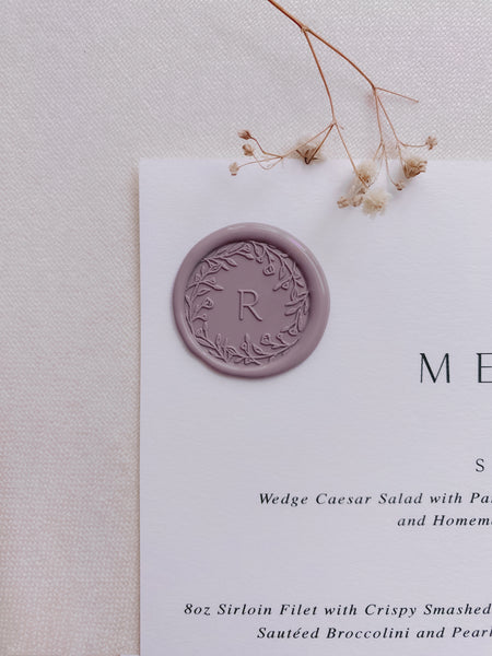 floral personalized initial wax seal in mauve on menu_closeup front angle
