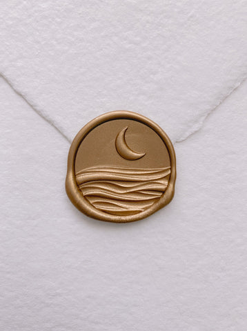3D moon and ocean gold wax seal on handmade paper envelope