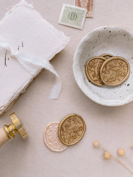 3D oval floral wax seals in gold and nude pearl