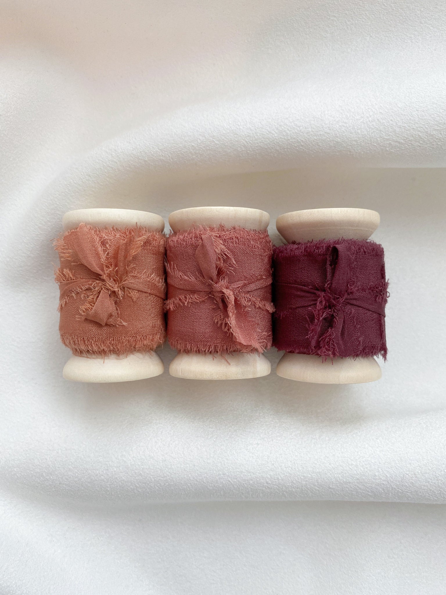 Raw edge 1 inch silk ribbon set of 3 in color Clay, Terracotta, and Wine