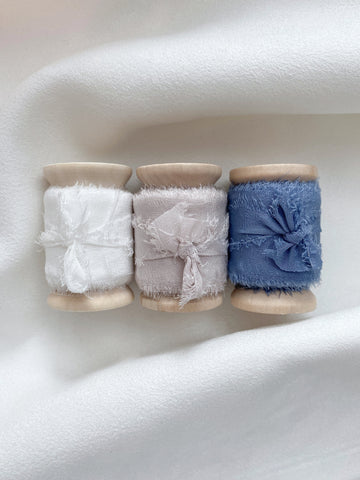 Raw edge 1 inch silk ribbon set of 3 in color Soft White, Nude Grey, and French Blue