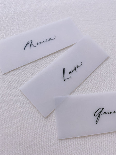 slim vellum place cards in hand lettered calligraphy in black ink_side angle