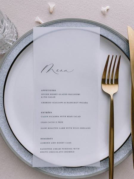 Vellum menu on plate table setting_front angle