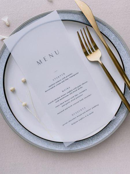 Vellum menu on plate table setting_side angle