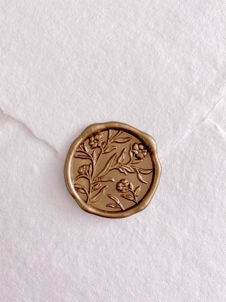 Scarlette 3D floral wax seal in classic gold on handmade paper envelope